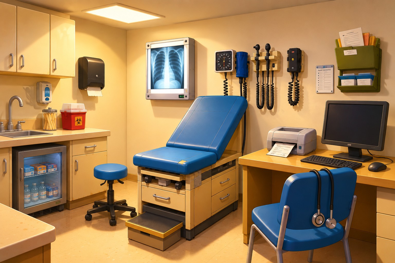 A clinic exam room, empty, seen from the doorway.